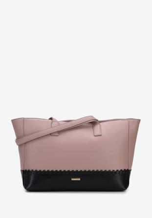 Shopper táska dekoratív szalaggal és bőszíjjal, pink-fekete, 95-4Y-524-P, Fénykép 1