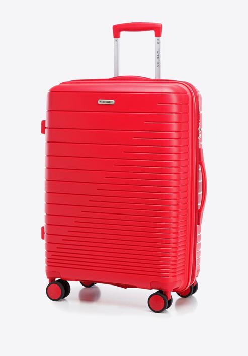Közepes bőrönd polipropilénből fényes csíkokkal, piros, 56-3T-162-95, Fénykép 4