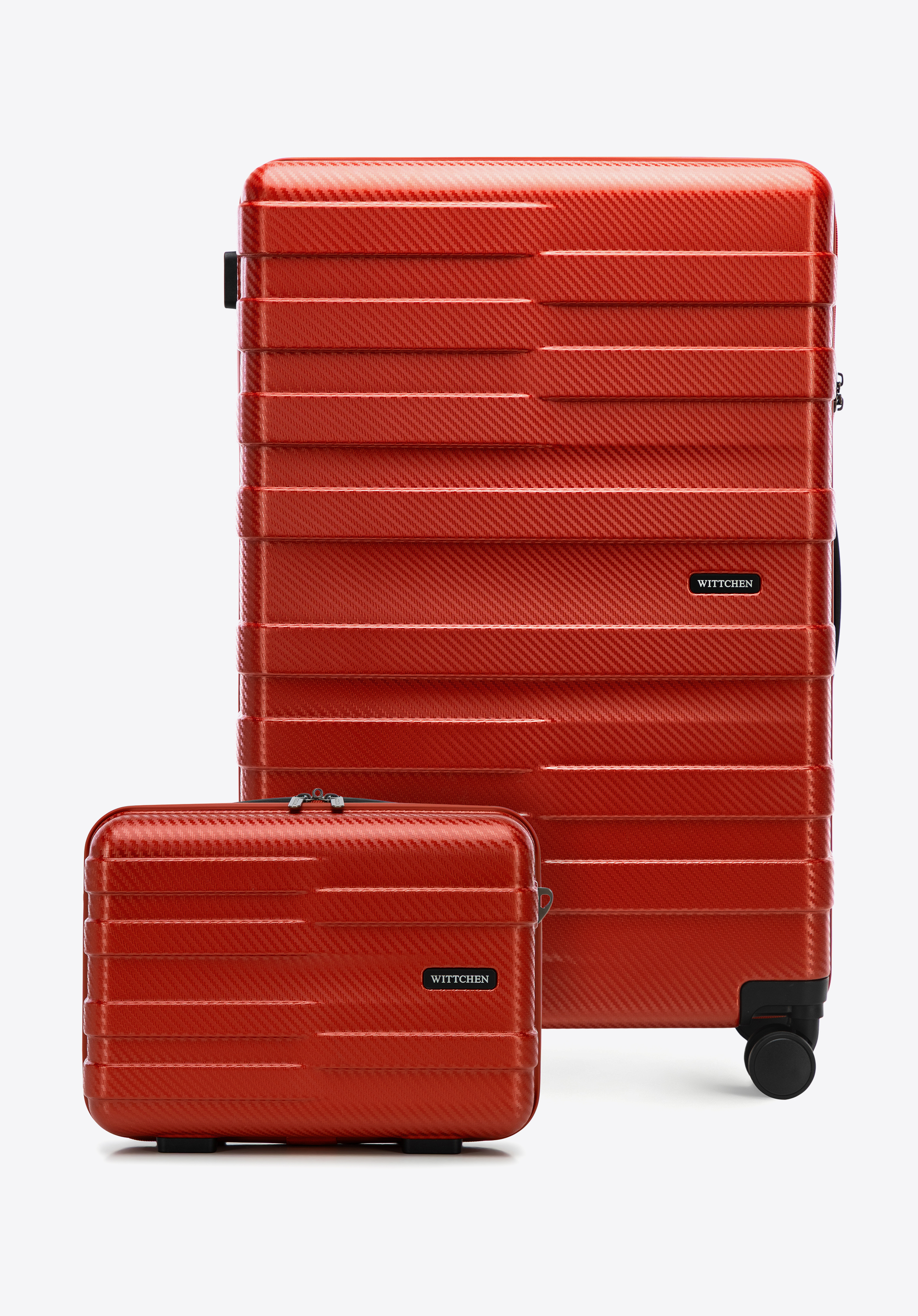 Nagy bőrönd és polikarbonát kozmetikai táska vízszintes csíkokkal, piros, 56-3P-583-30K, Fénykép 1