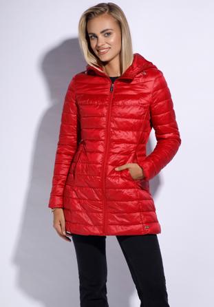 Női steppelt kapucnis hosszú kabát, piros, 95-9N-100-3-L, Fénykép 1