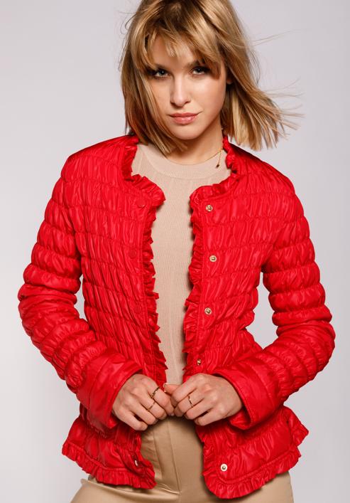 Női steppelt és gyűrött kabát, piros, 92-9N-402-3-S, Fénykép 1