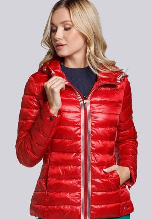 Női steppelt kabát csíkos szalaggal, piros, 93-9N-101-3-M, Fénykép 1
