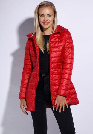 Női steppelt kapucnis hosszú kabát, piros, 95-9N-100-3-2XL, Fénykép 1