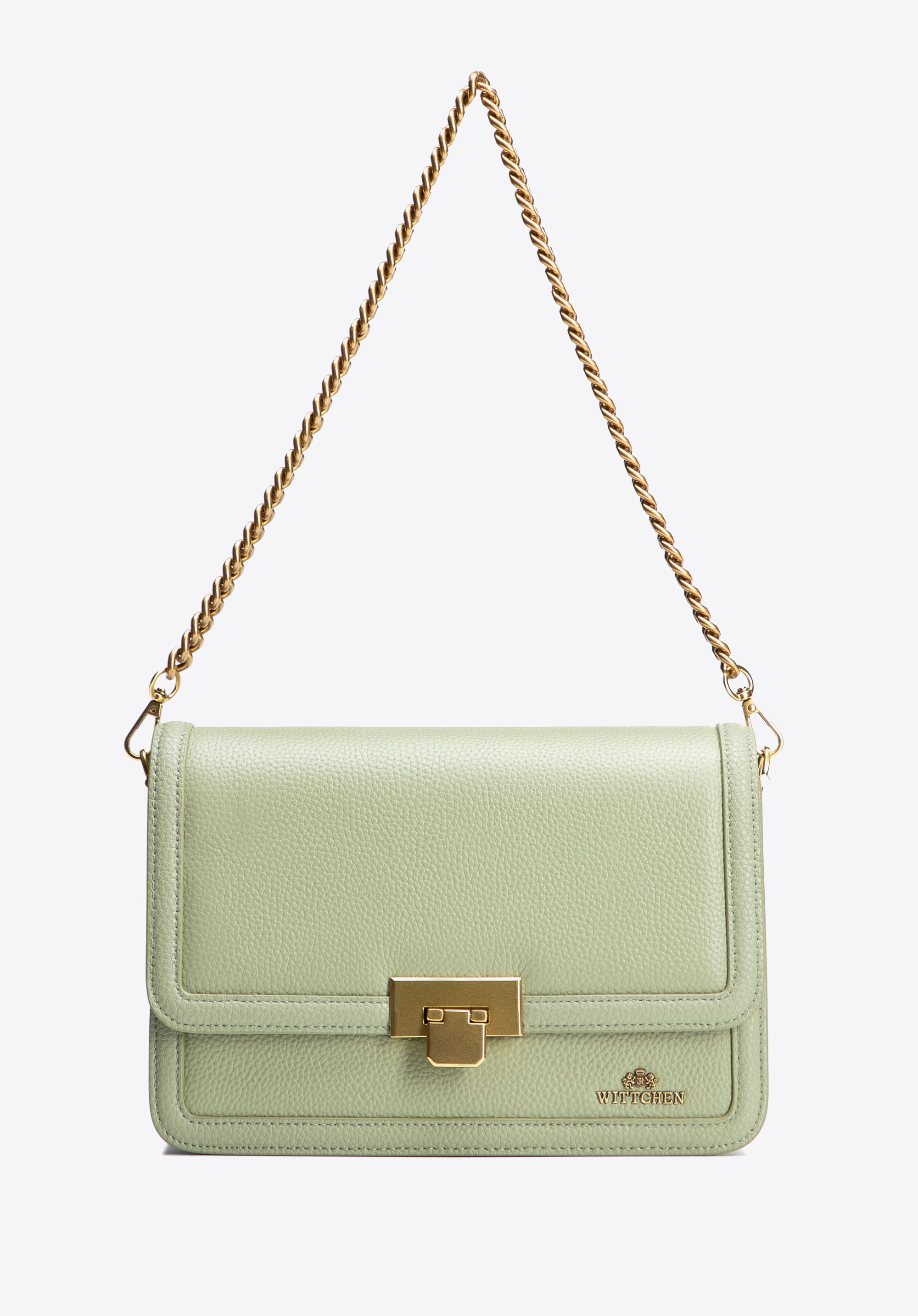 Kožená crossbody kabelka s řetízkovým popruhem přes rameno, pistáciová, 100-4E-206-Z, Obrázek 1