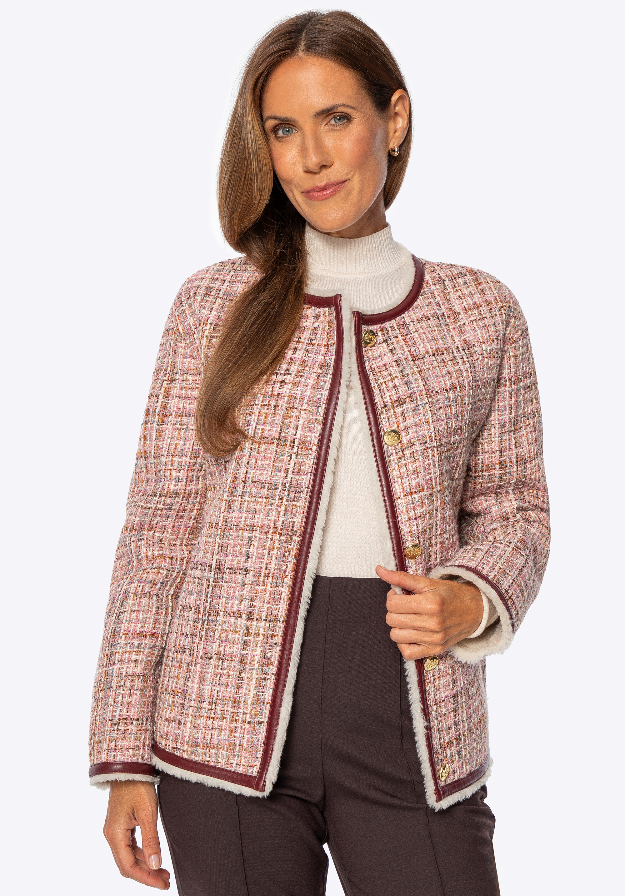 Damen Tweedjacke mit Kunstfellfutter, rosa, 101-9W-903-P-L, Bild 1