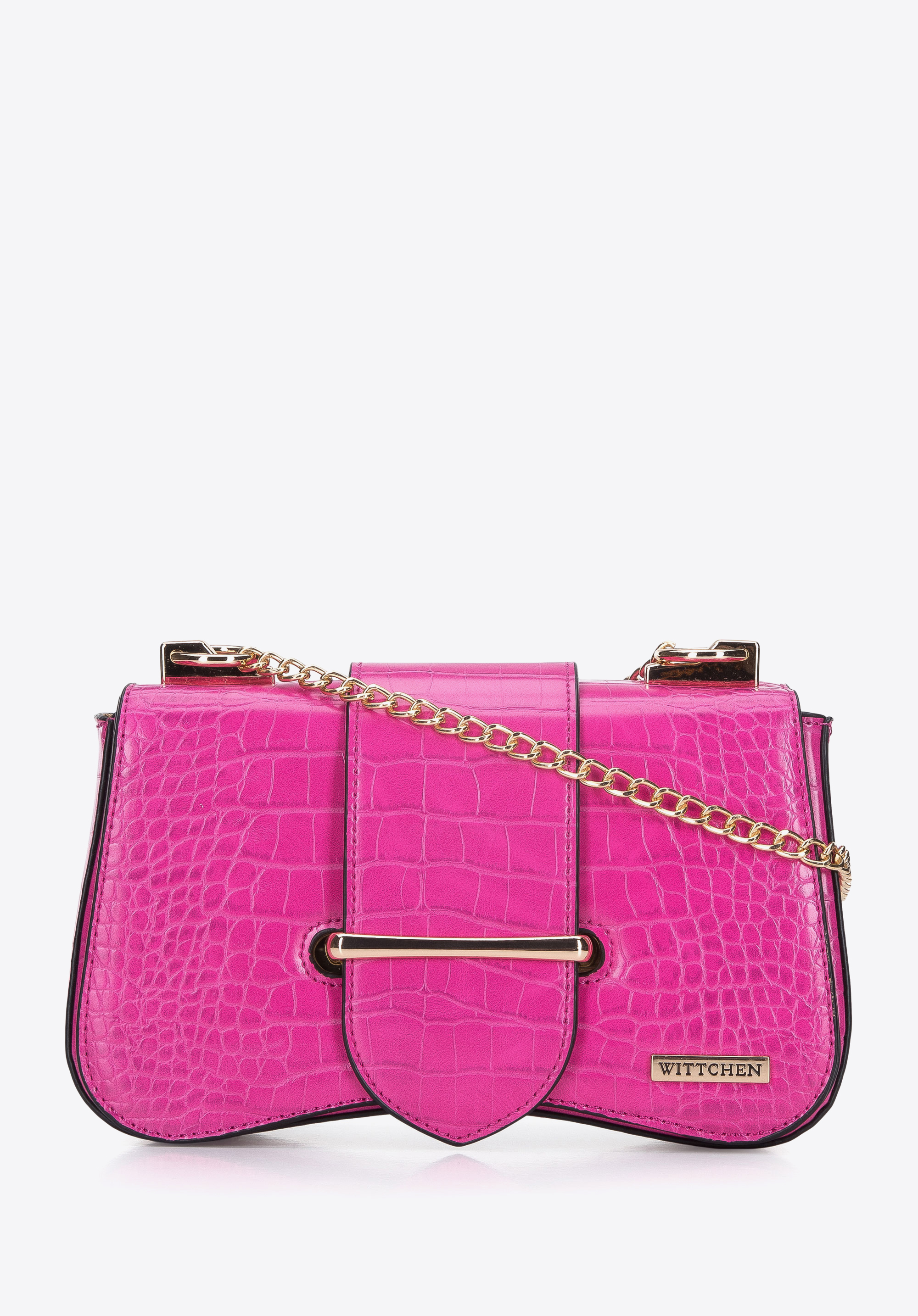 Damen-Umhängetasche aus Kunstleder an einer Kette in Croco-Optik, rosa, 95-4Y-764-P, Bild 1