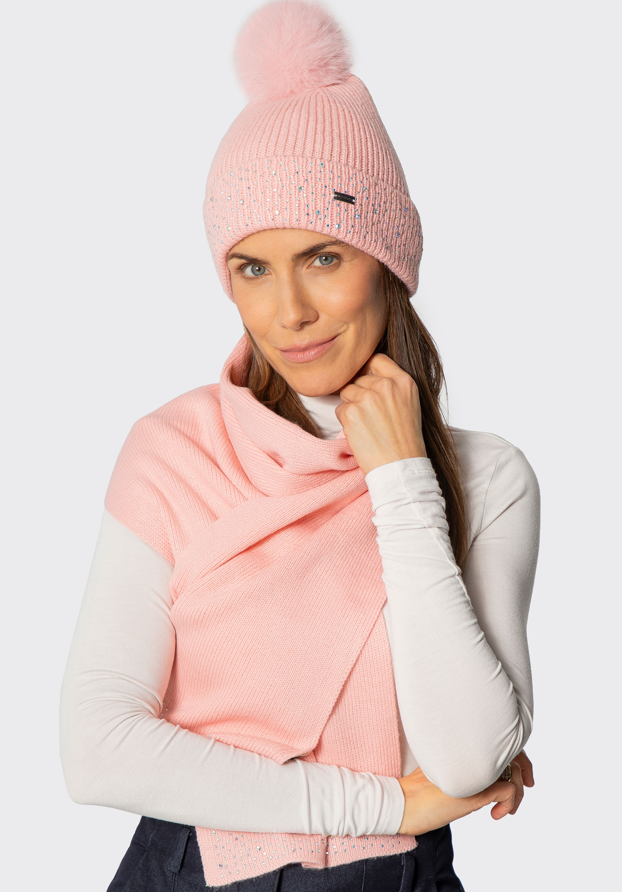 Damen Wintermütze mit Strassperlen, rosa, 101-HF-204-P, Bild 1