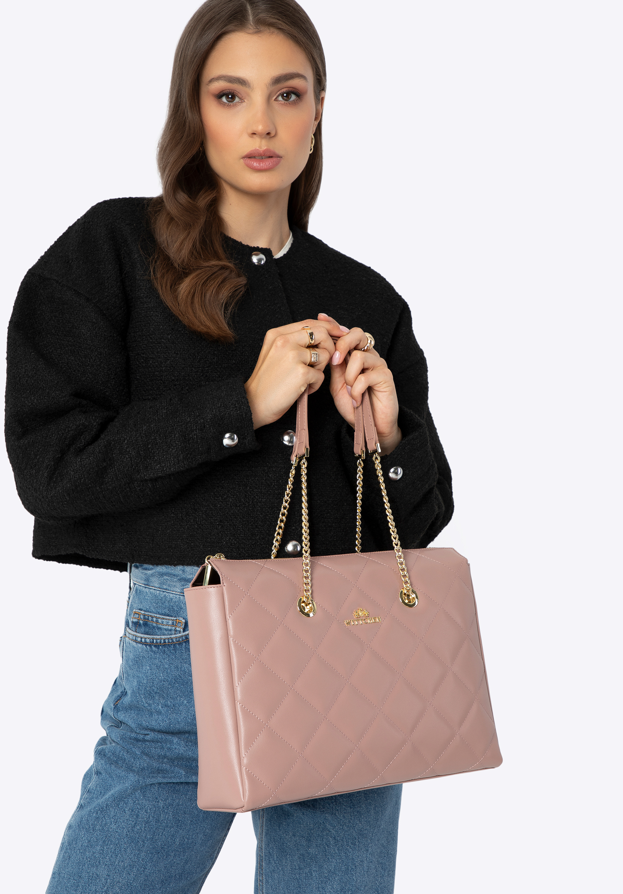 Damenhandtasche aus Leder mit Rautensteppung, rosa, 99-4E-606-P, Bild 1