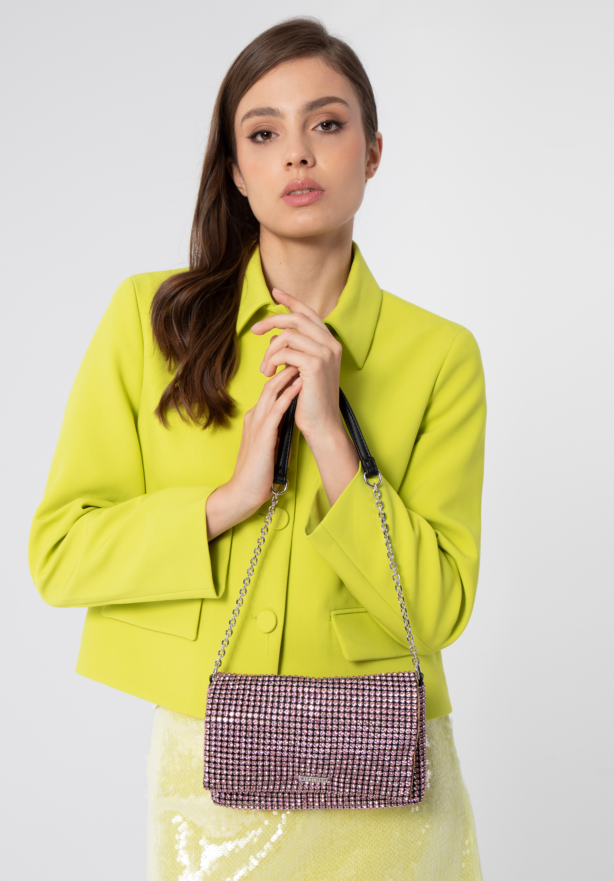 Damenhandtasche mit Kristallen an einer Kette, rosa, 98-4Y-019-P, Bild 1