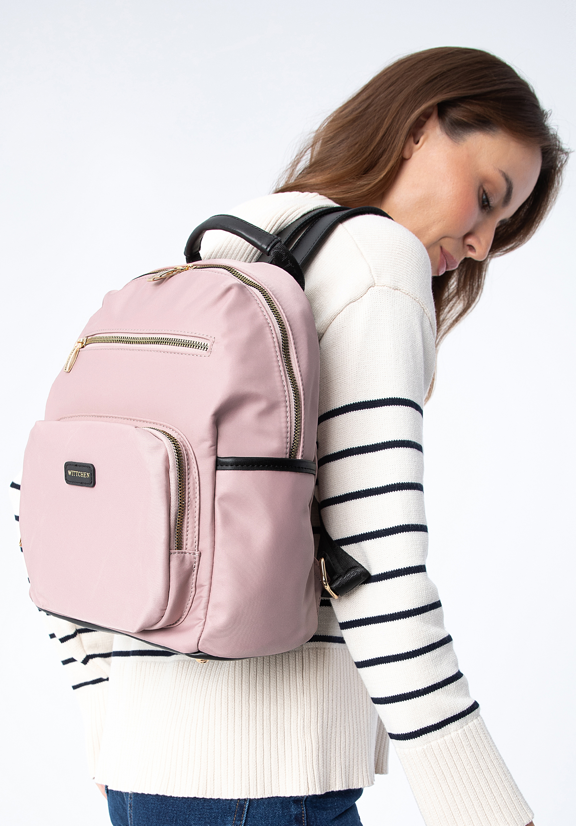 Damenrucksack aus Nylon mit Vordertaschen, rosa, 97-4Y-105-P, Bild 1