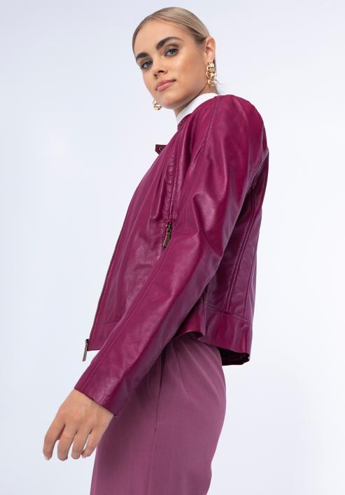 Klassische Damenjacke aus Leder mit Stehkragen, rosa, 97-09-804-3-L, Bild 18