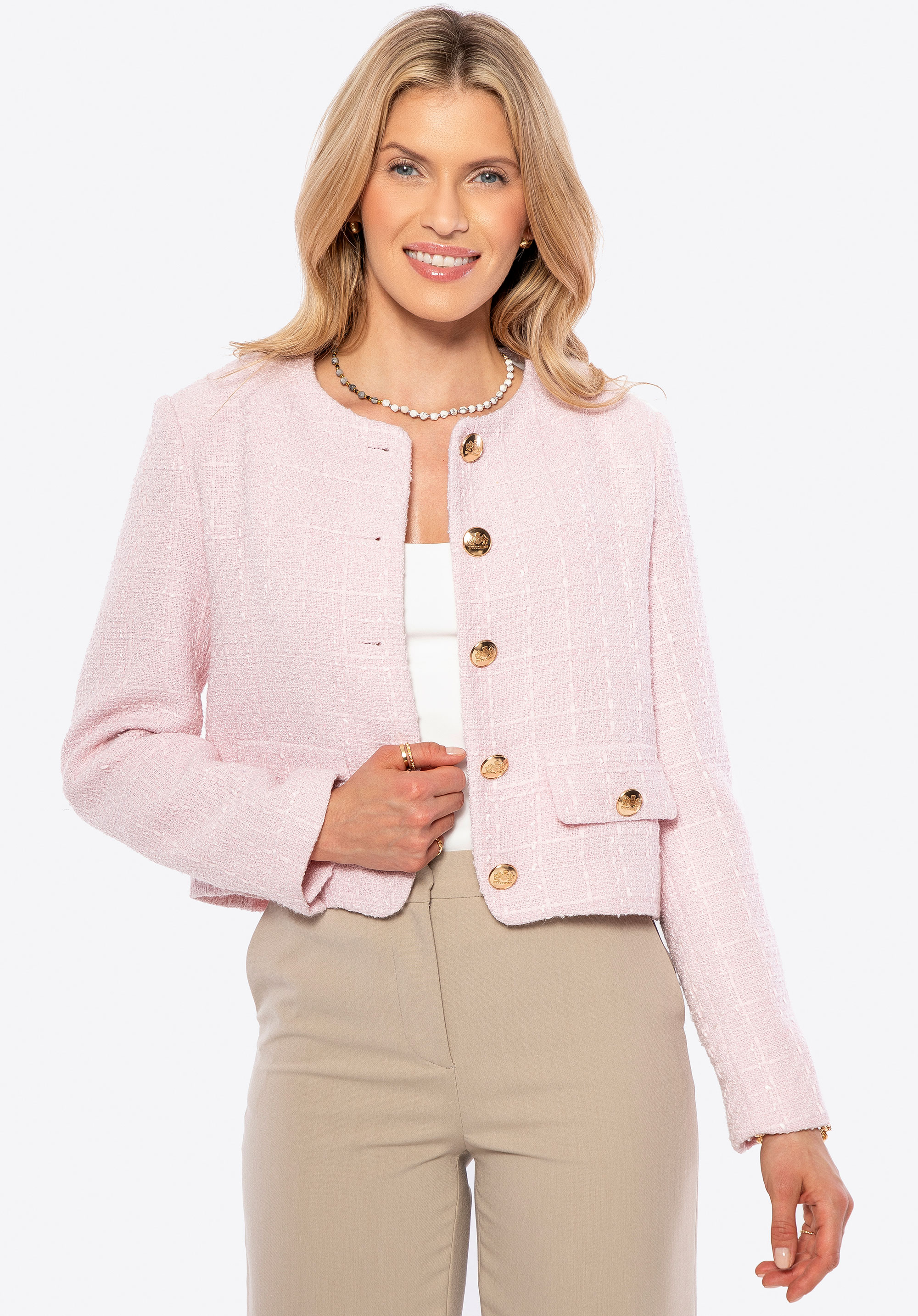 Kurze Jacke aus Boucle-Stoff für Damen, rosa, 100-9X-501-P-L, Bild 1