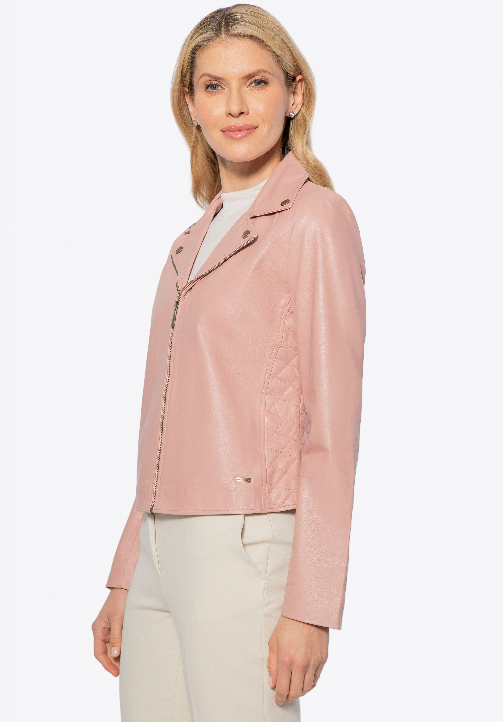 Lederjacke mit Steppnähten, rosa, 100-09-805-P-S, Bild 1