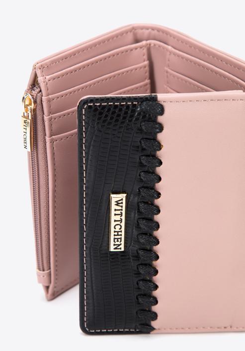 Geldbörse für Damen aus Öko-Leder mit dekorativem Einsatz und Riemen, rosa-schwarz, 95-1Y-525-1, Bild 5