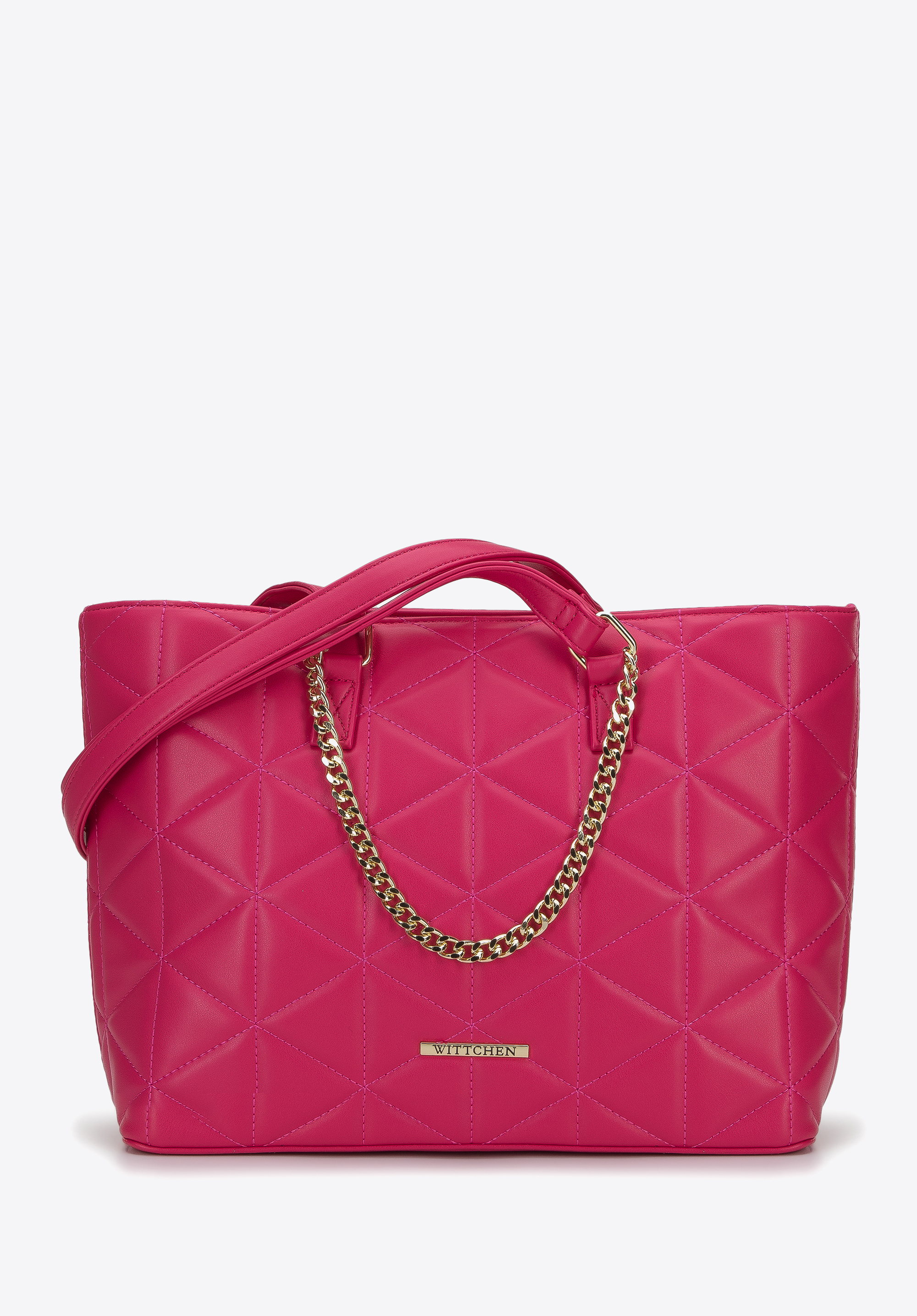 Shopper-Tasche aus gestepptem Ökoleder mit Kette, rosa, 96-4Y-701-P, Bild 1