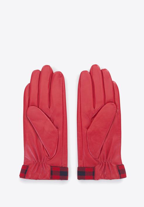 Mănuși de damă din piele cu inserții în carouri, roșu - bleumarin, 39-6-642-3-M, Fotografie 2