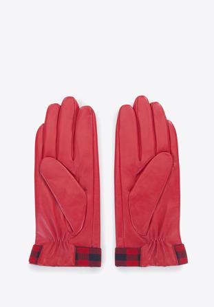 Mănuși de damă din piele cu inserții în carouri, roșu - bleumarin, 39-6-642-3-M, Fotografie 1