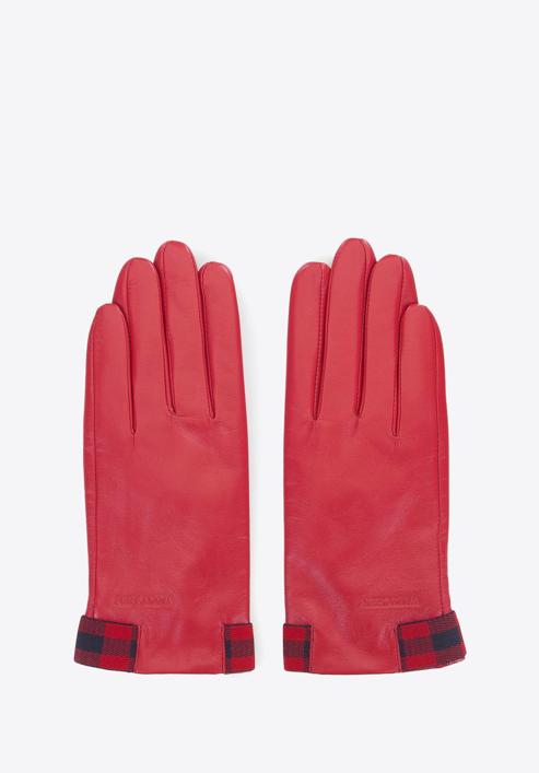 Mănuși de damă din piele cu inserții în carouri, roșu - bleumarin, 39-6-642-3-M, Fotografie 3