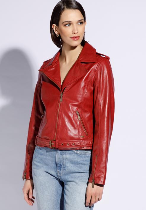 Damen-Lederjacke mit Schulterklappen und Riemen, rot, 96-09-801-5-L, Bild 4