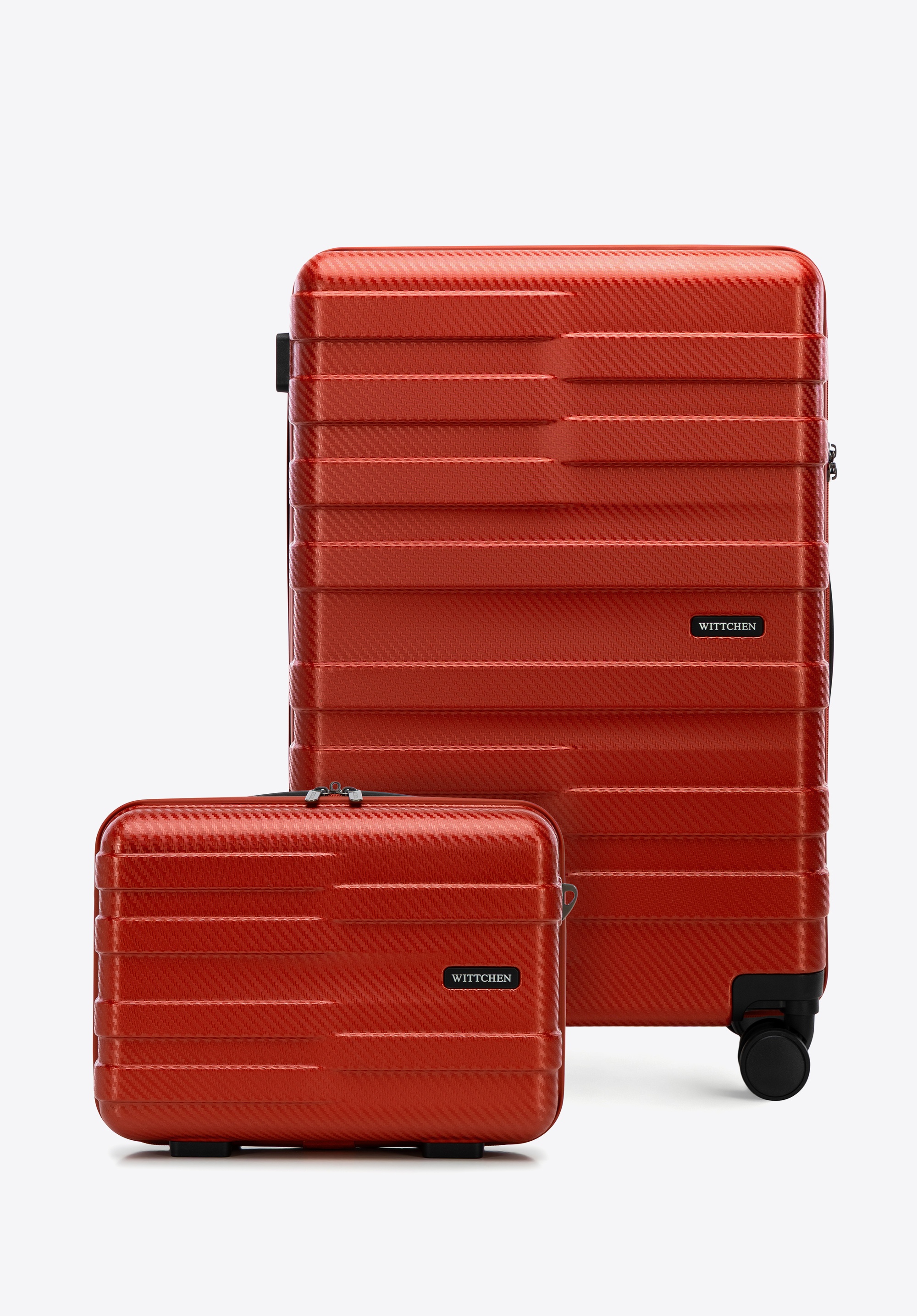 Mittelgroßer Polycarbonat-Koffer und Kosmetikkoffer mit horizontalen Streifen, rot, 56-3P-582-30K, Bild 1