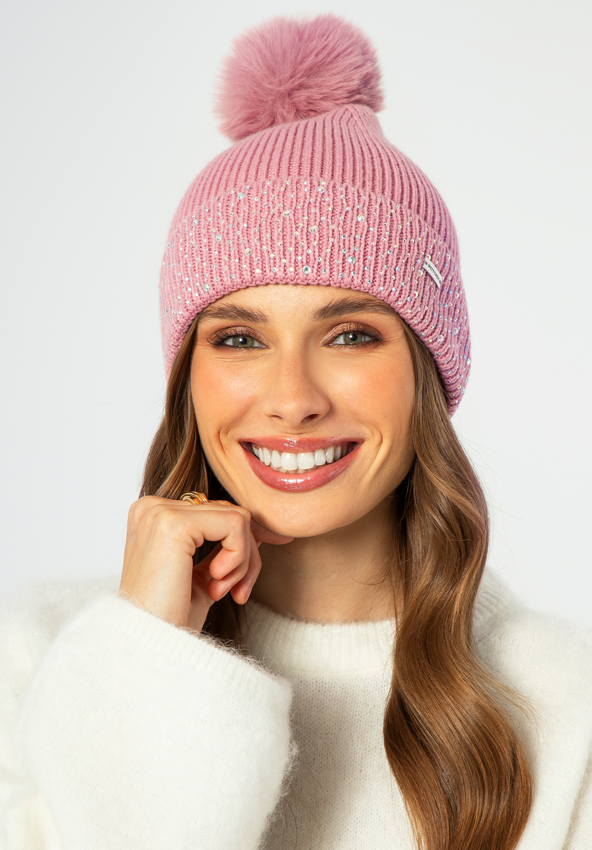 Căciulă de iarnă pentru femei cu margine decorată, roz, 99-HF-205-P, Fotografie 1