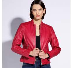 Jachetă din piele clasică pentru femei, roz, 96-09-803-P-S, Fotografie 1