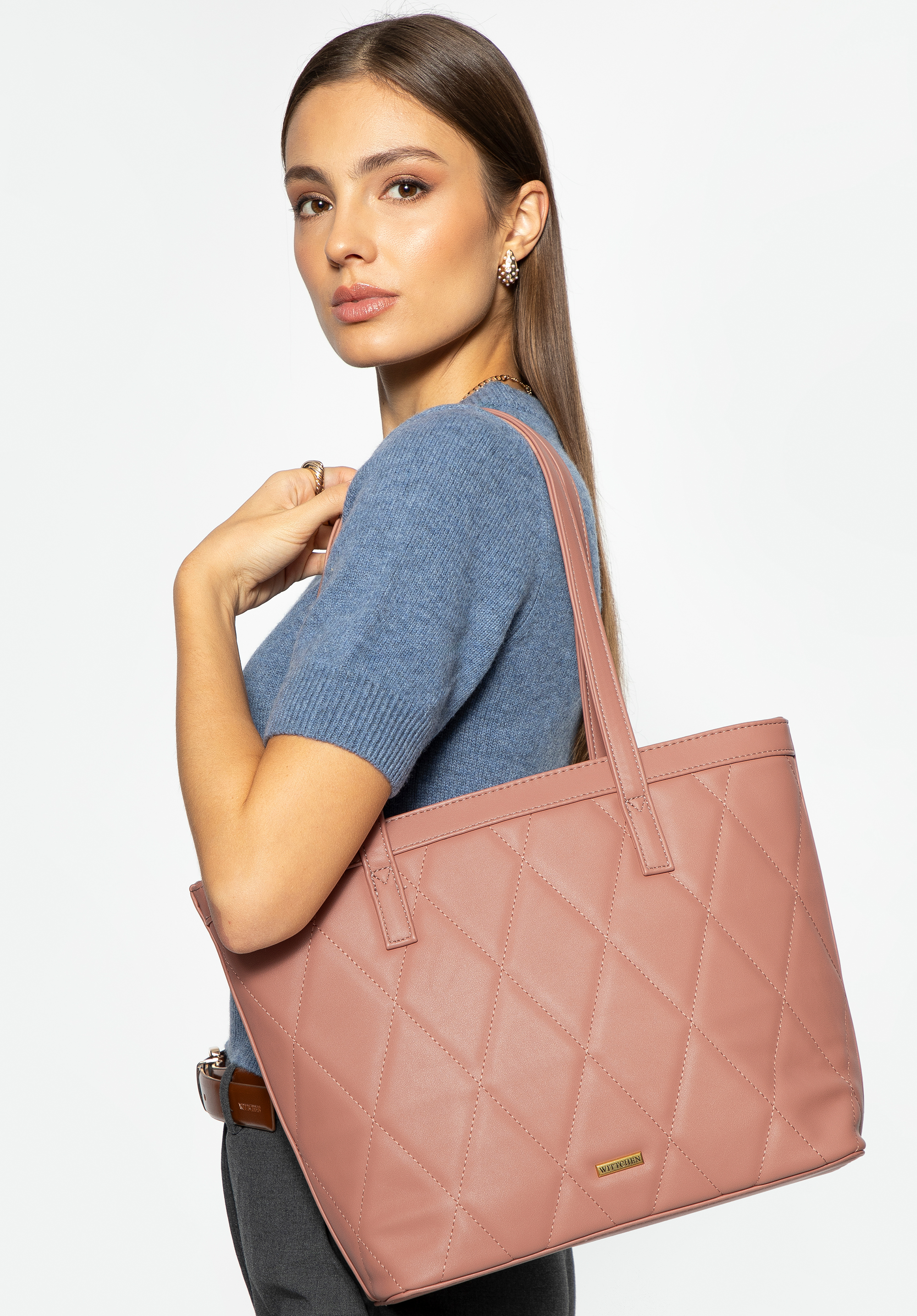 Geantă shopper de damă matlasată din piele artificială, roz, 99-4Y-211-P, Fotografie 1