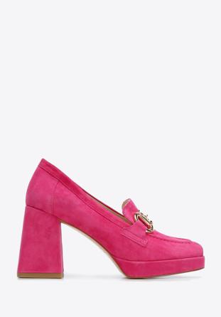 Pantofi cu platformă din piele de căprioară, cu detalii cu cataramă, roz, 96-D-509-P-35, Fotografie 1