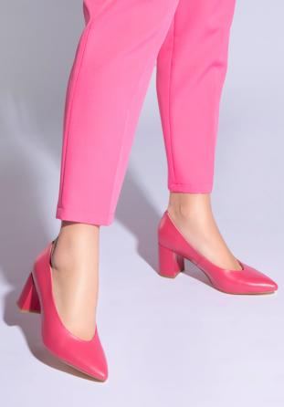 Pantofi damă din piele clasici din piele cu toc pătrat, roz, 96-D-501-P-39, Fotografie 1