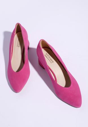 Pantofi damă din piele întoarsă decupate cu toc gros, roz, 94-D-801-P-36, Fotografie 1