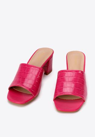 Papuci de damă din piele ecologică croco cu toc, roz, 94-DP-204-P-37, Fotografie 1