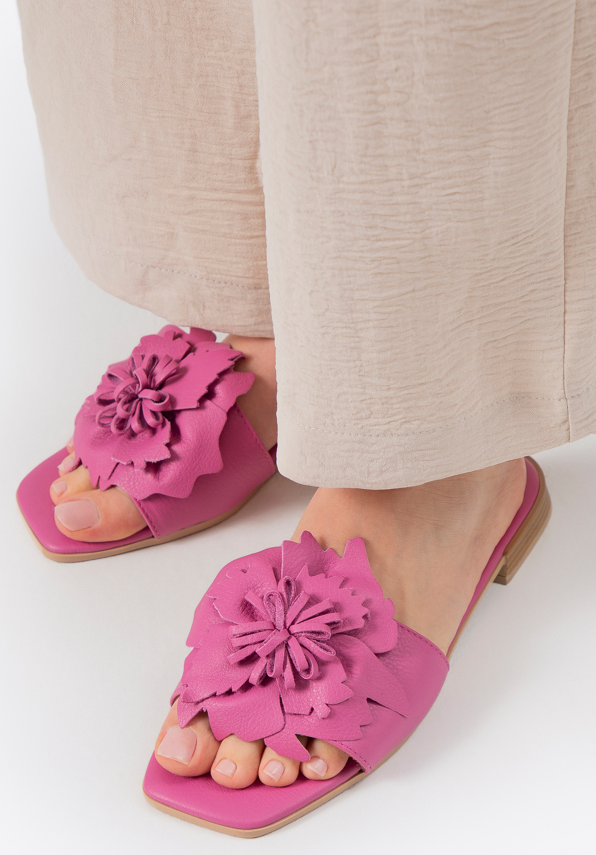 Sandale de damă din piele cu flori decorative, roz, 100-D-251-P-40, Fotografie 1