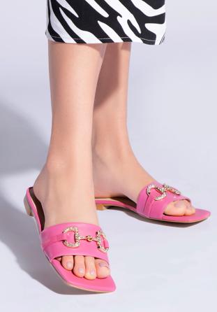 Papuci din piele pentru femei cu cataramă strălucitoare