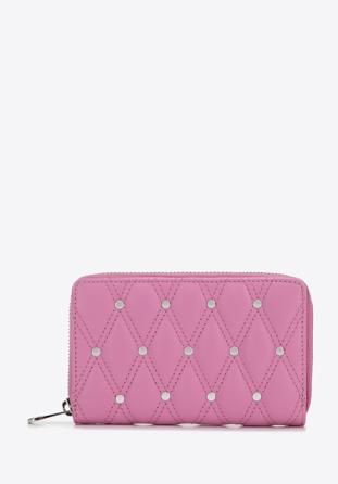 Közepes méretű dekoratív szegecsekkel díszített steppelt női steppelt bőr pénztárca, rózsaszín, 14-1-938-P, Fénykép 1