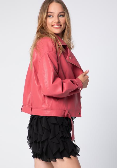 Dámská bunda z ekologické kůže s páskem, růžová, 97-9P-104-P-M, Obrázek 3