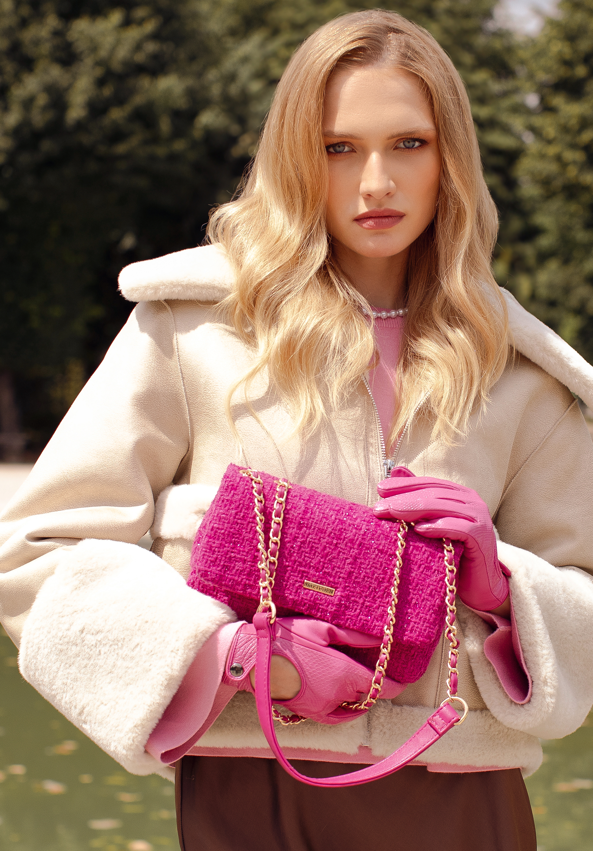 Dámská mini kabelka z látky bouclé, růžová, 99-4Y-424-P, Obrázek 1