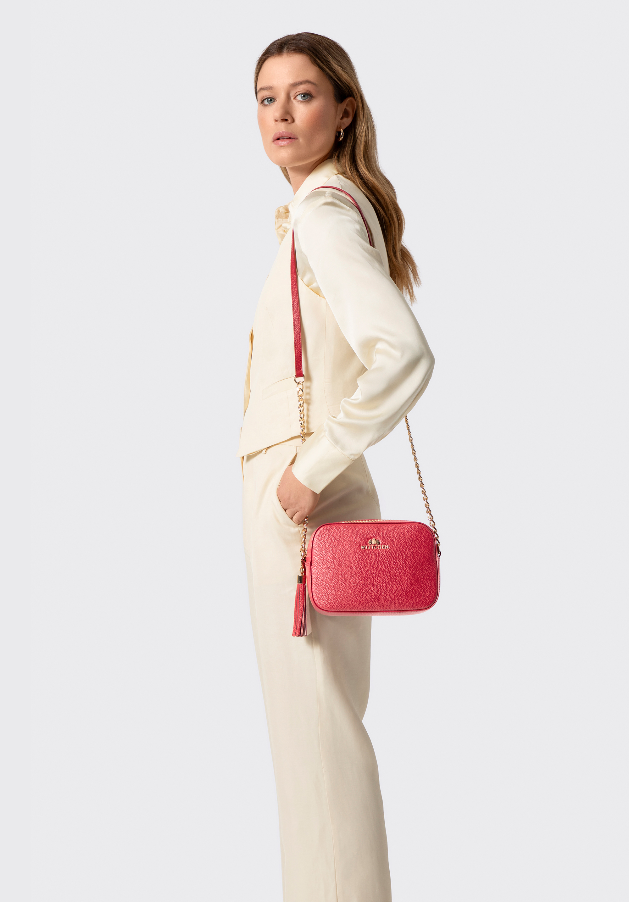 Dámská řetízková kožená crossbody kabelka, růžová, 29-4E-015-P, Obrázek 1