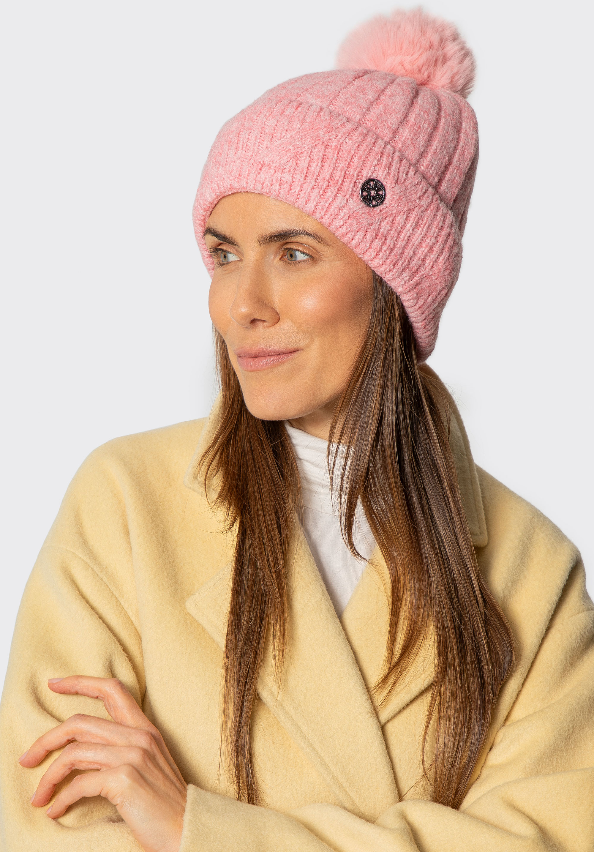 Dámská zimní čepice s bambulkami, růžová, 101-HF-205-P, Obrázek 1