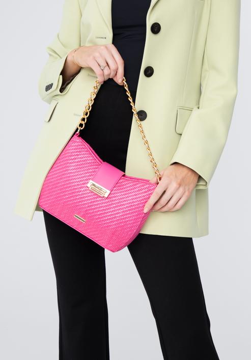 Pletená dámská kabelka s řetízkem, růžová, 98-4Y-410-Y, Obrázek 16