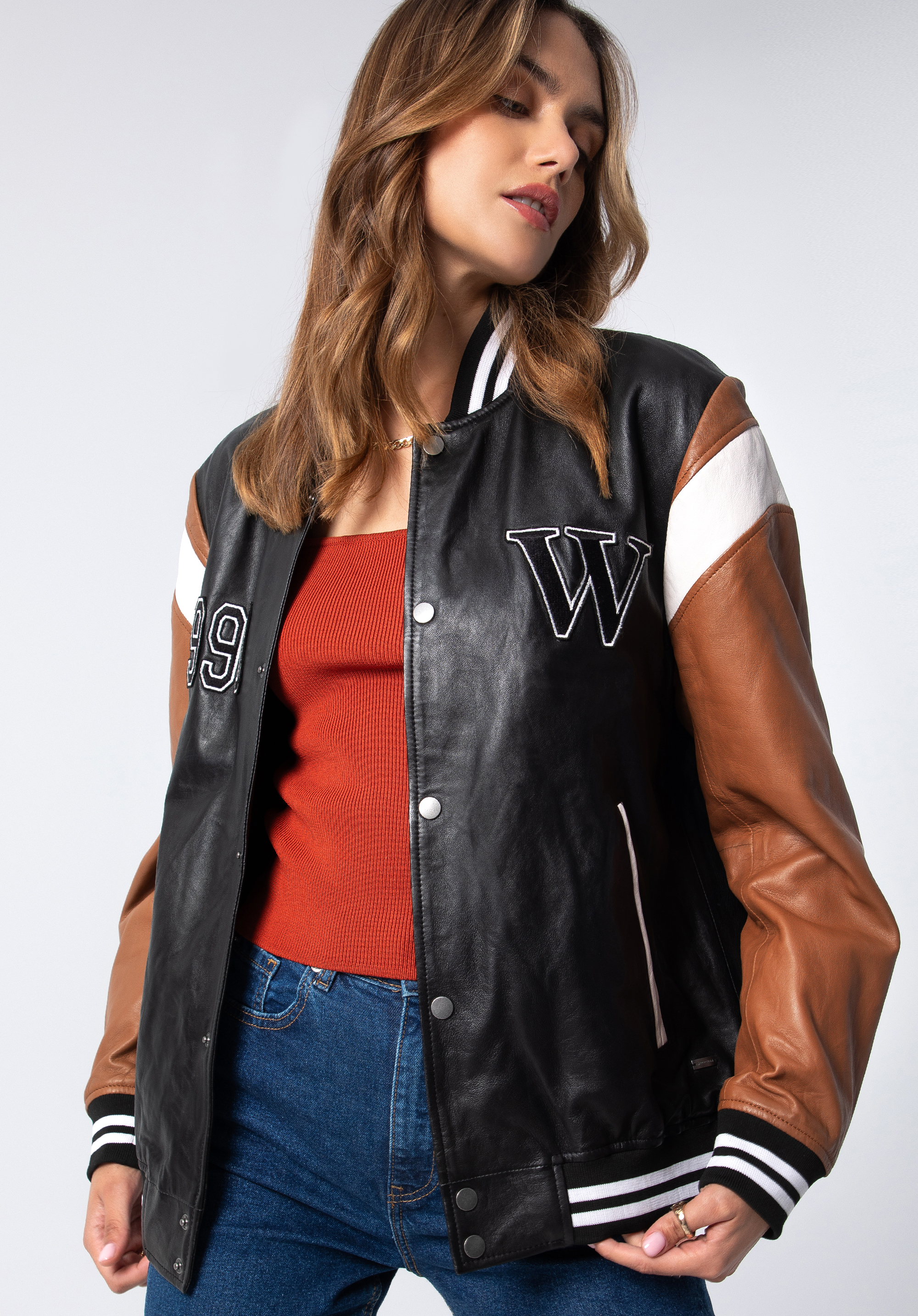 Baseballjacke aus Leder - Unisex, schwarz-braun, 97-09-203-15-2XL, Bild 1