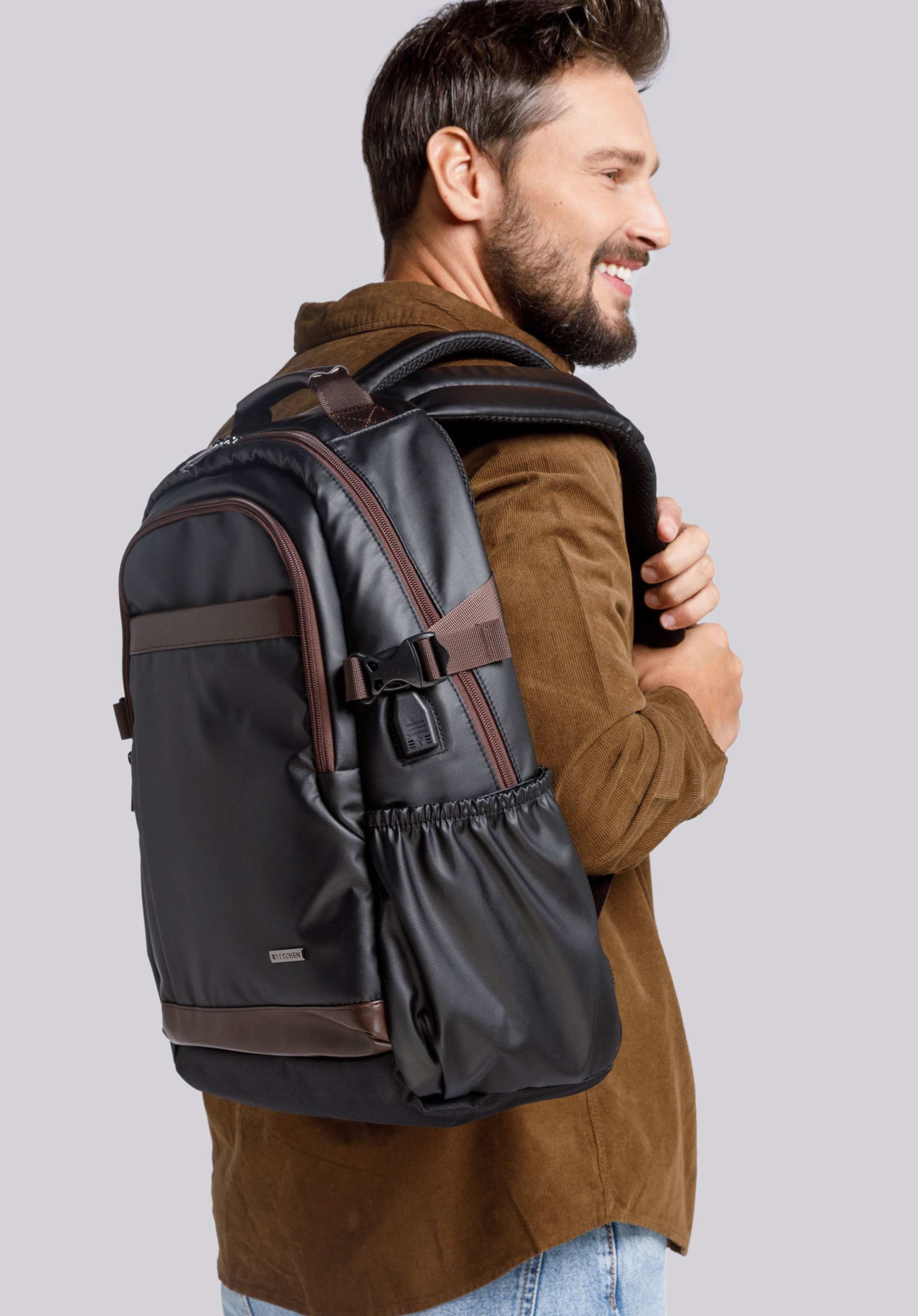 Herren-Rucksack für Laptop bis 15,6 Zoll mit Öko-Lederbesätzen, schwarz-braun, 94-3P-202-4, Bild 1