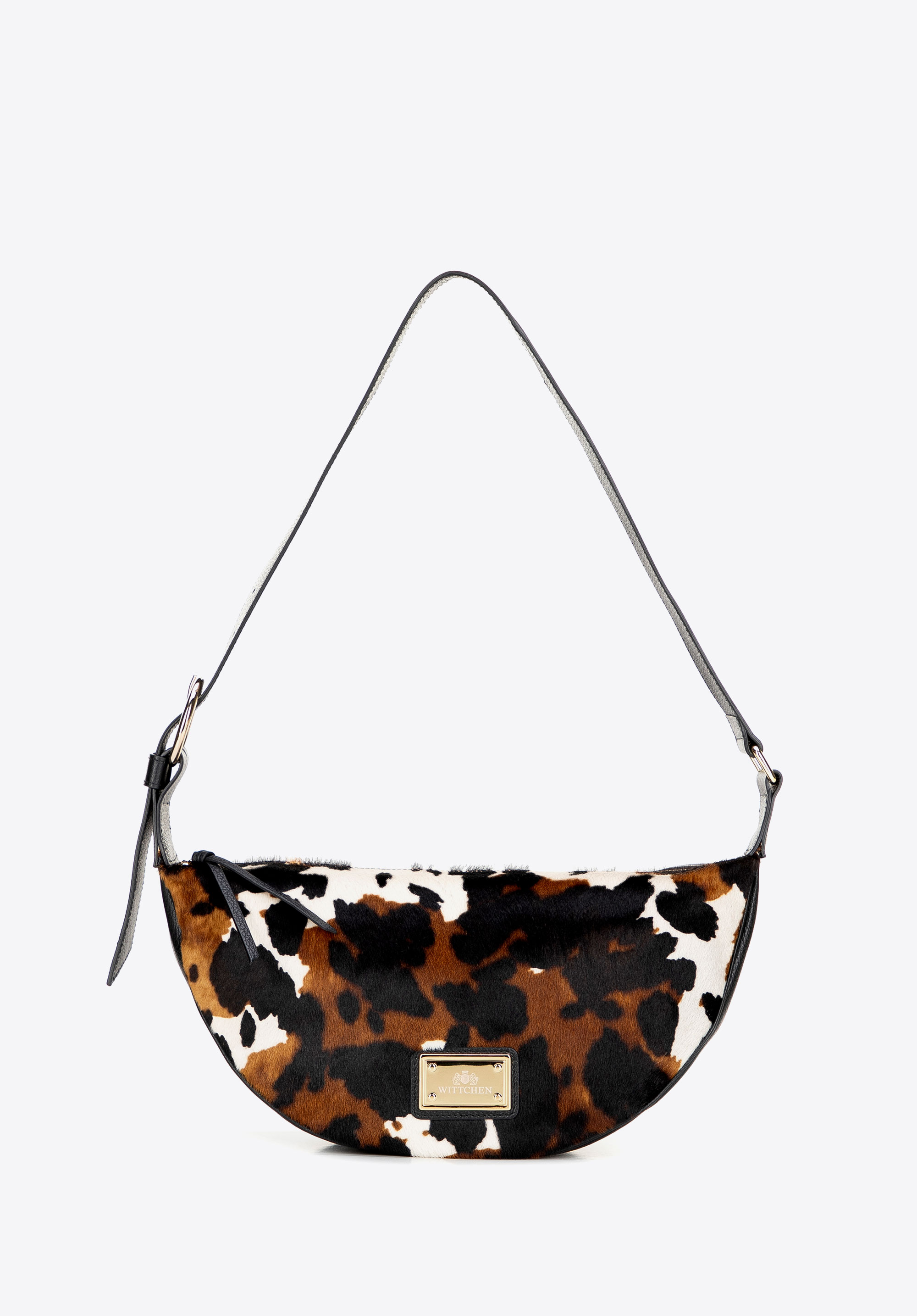 Halbmondförmige Umhängetasche aus Leder mit Animal-Print