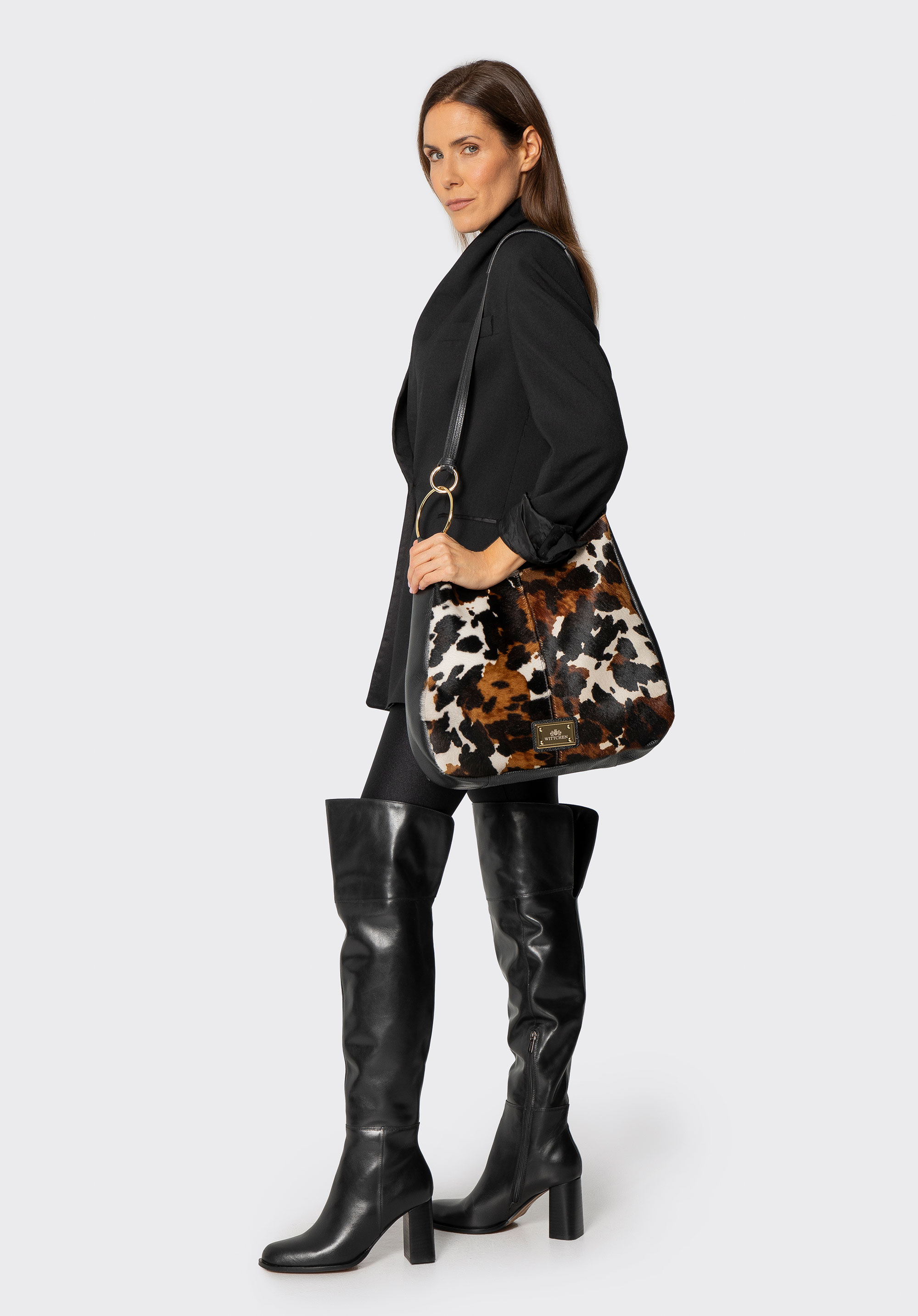 Hobo-Tasche aus Leder mit Hair-On-Finish und Animal-Print, schwarz-creme, 102-4E-005-14, Bild 1