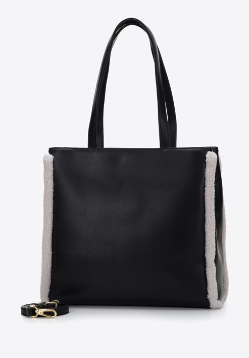 Shopper-Tasche aus Leder mit Teddy-Kunstfell, schwarz-creme, 97-4E-605-4, Bild 3