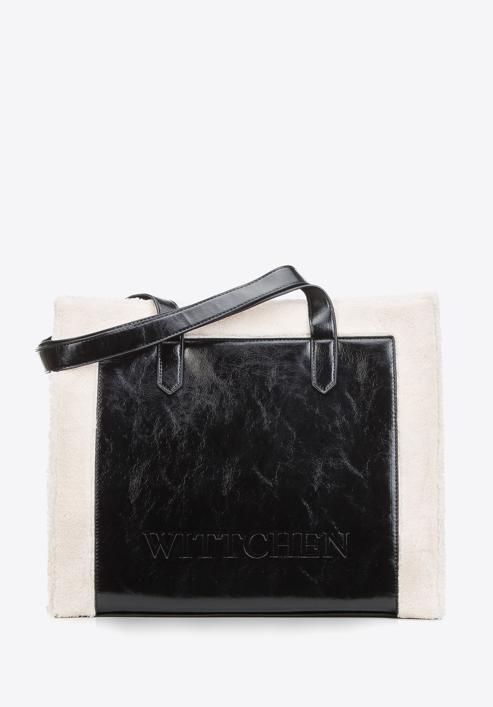 Shopper-Tasche mit Kunstpelzeinsätzen, schwarz-creme, 97-4Y-250-1, Bild 1