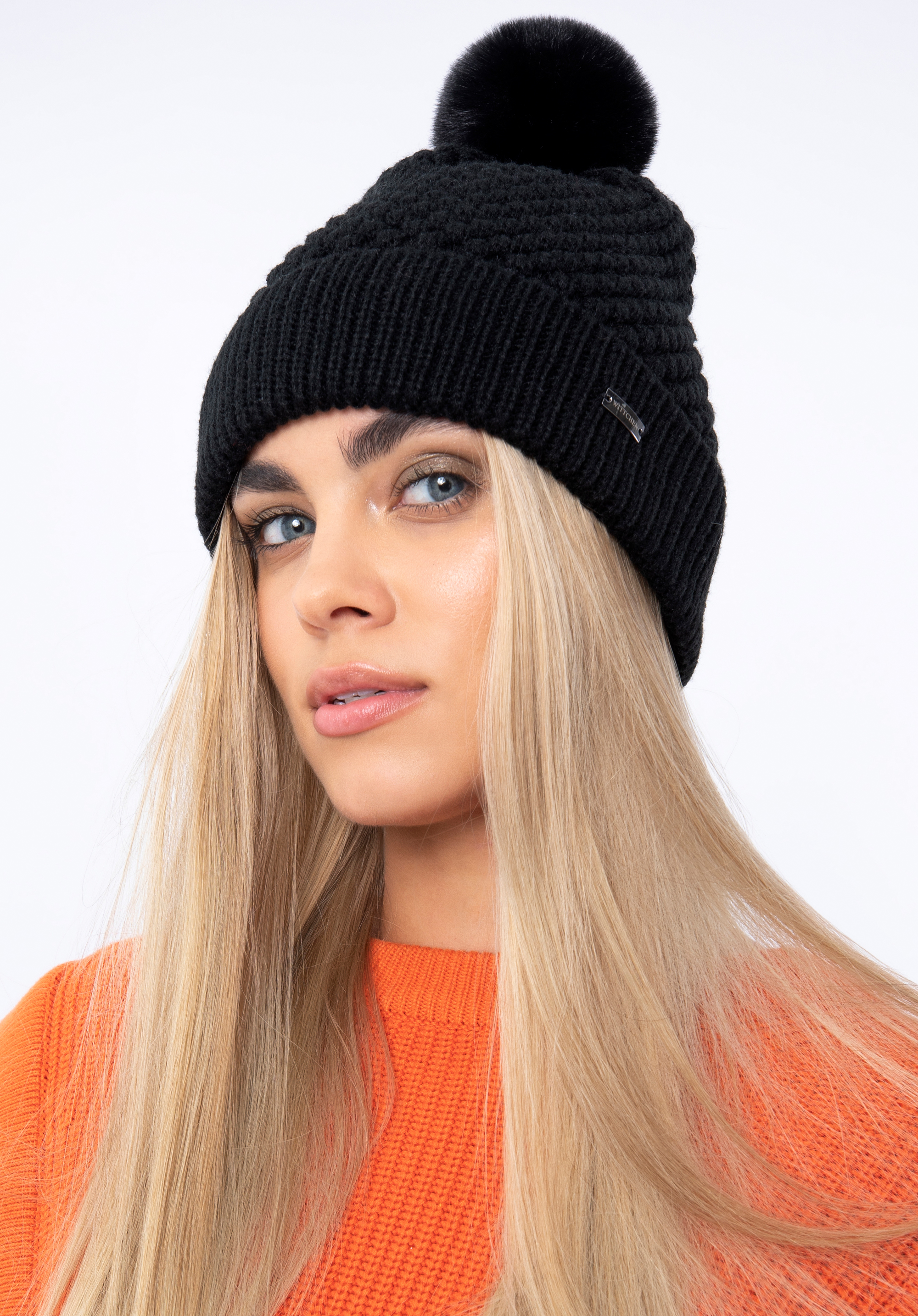 Damen-Blasenstrickmütze mit Bommel, schwarz, 97-HF-005-1, Bild 1
