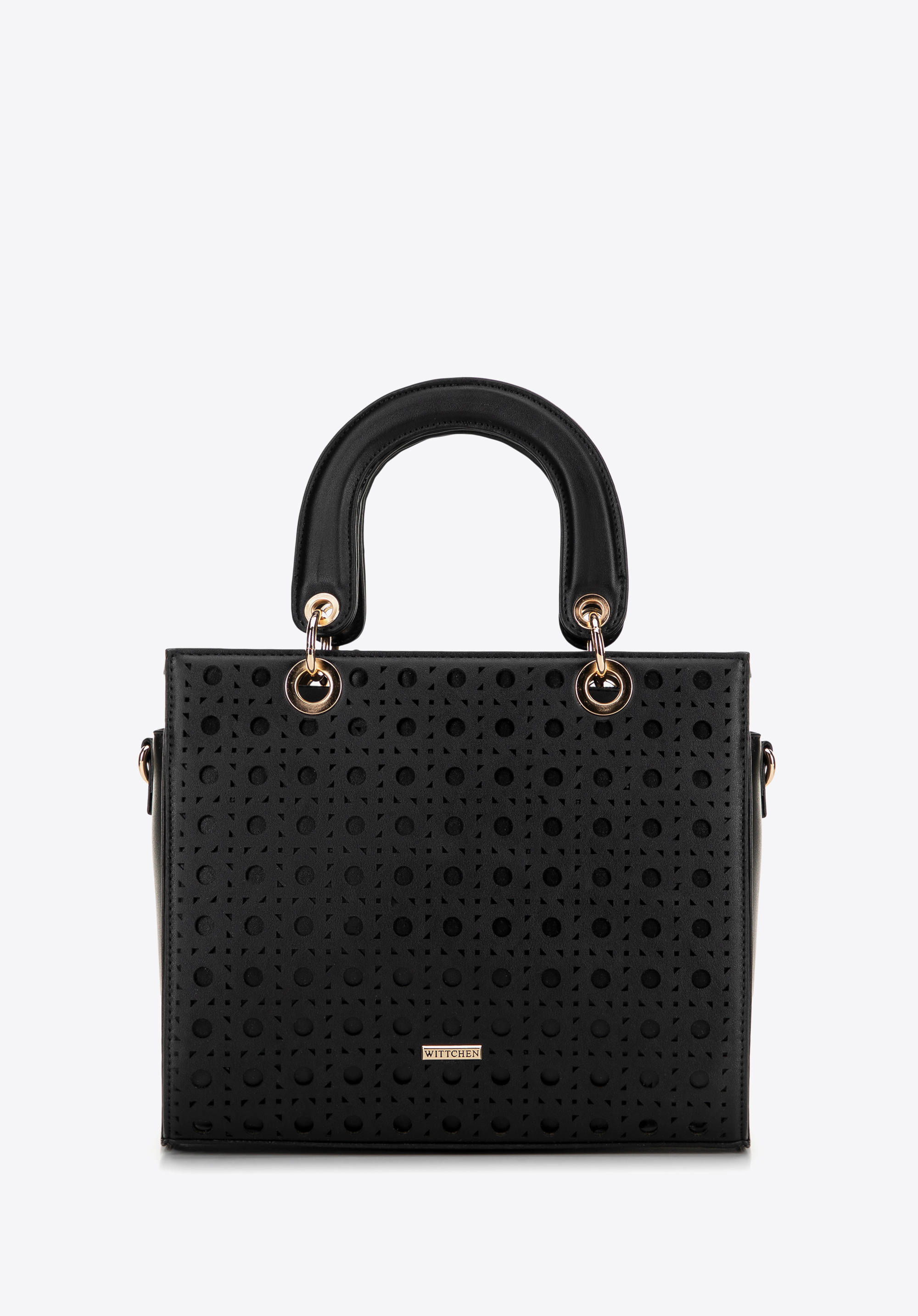 Damenhandtasche aus Öko-Leder mit geometrischem Muster, schwarz, 100-4Y-205-1, Bild 1