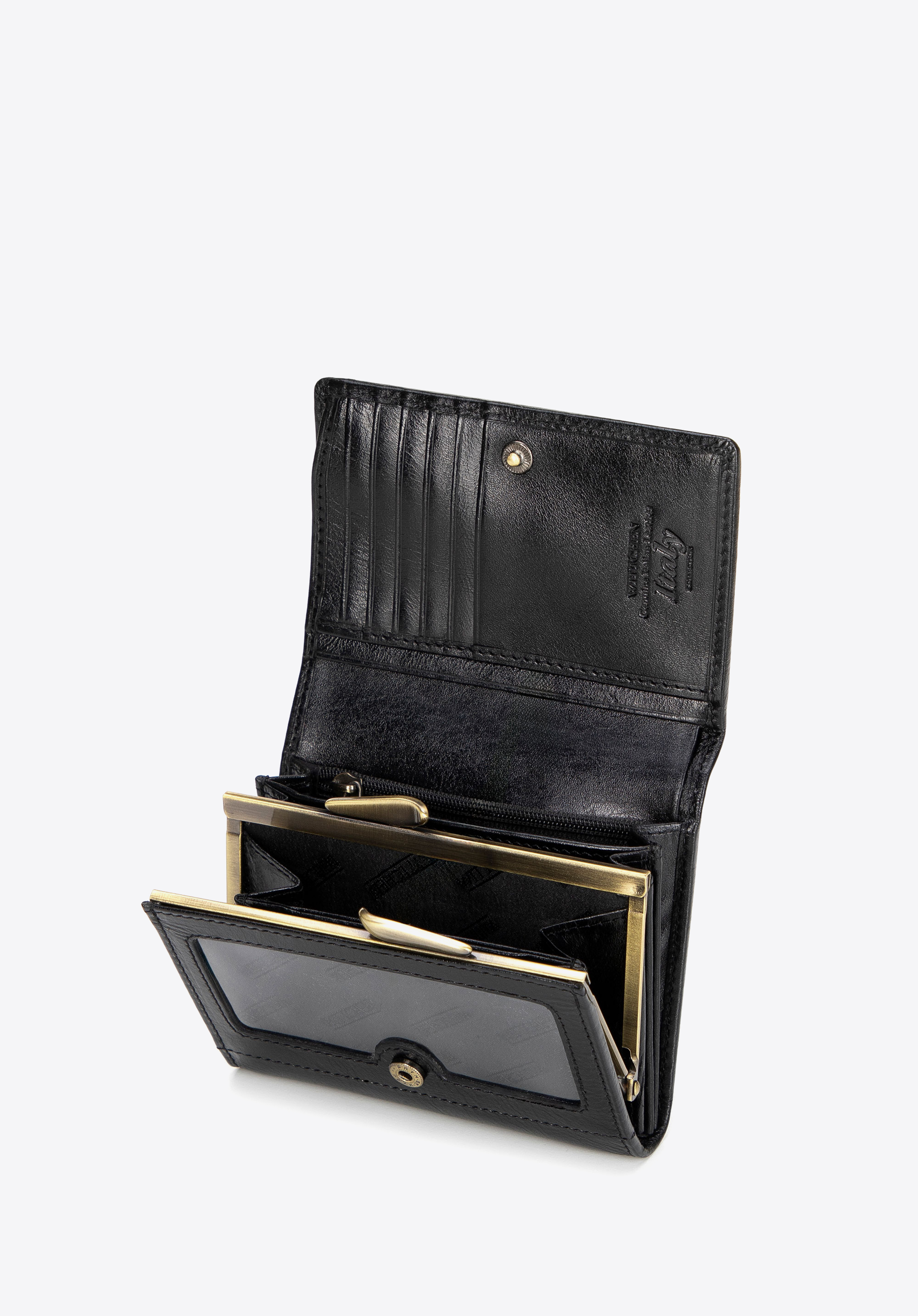 Damen-Geldbörse aus Leder mit Münzfach mit Verschluss, schwarz, 21-1-070-L10, Bild 1