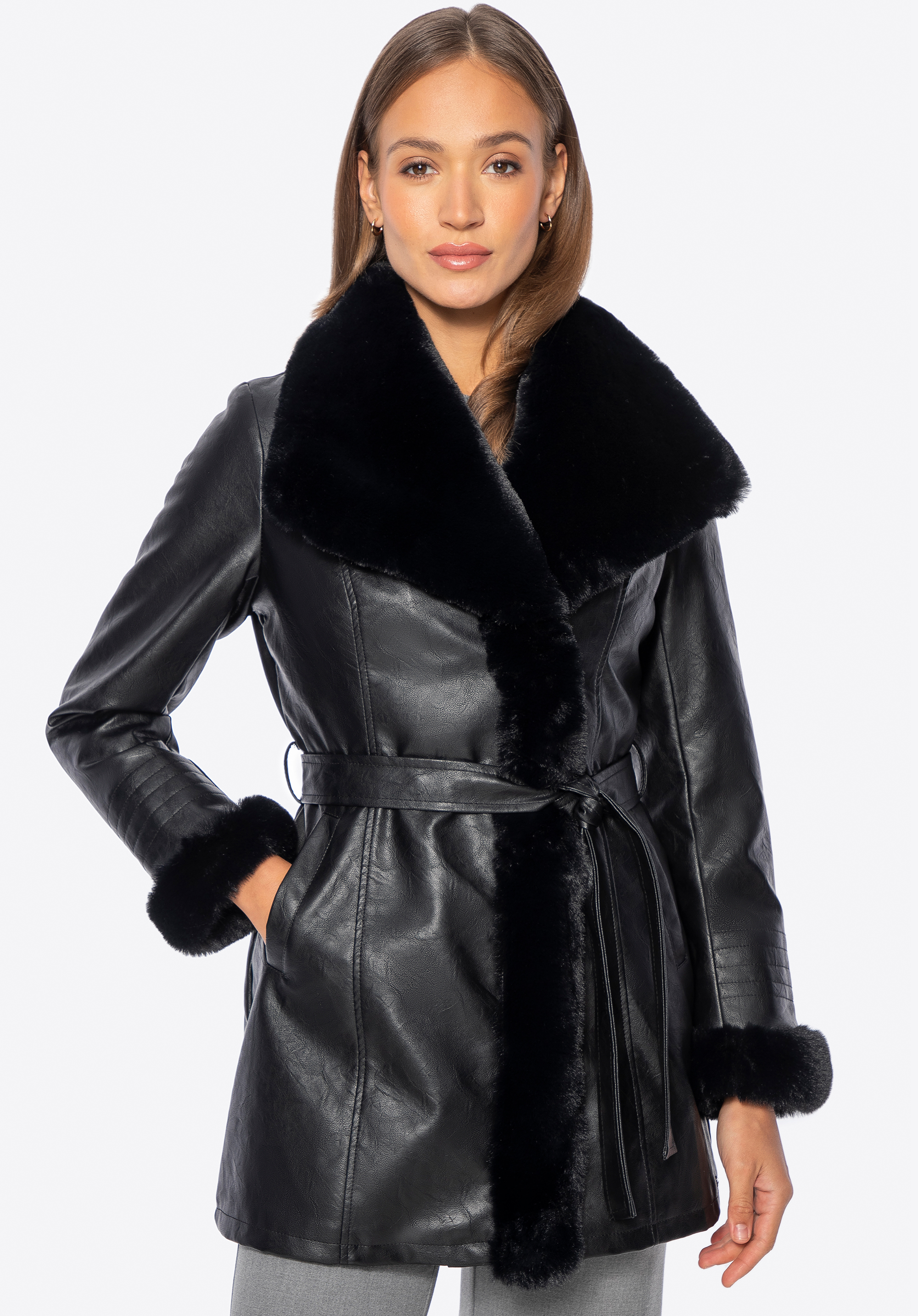 Damen Kunstlederjacke mit Kunstfellbesatz, schwarz, 101-9P-102-1-L, Bild 1