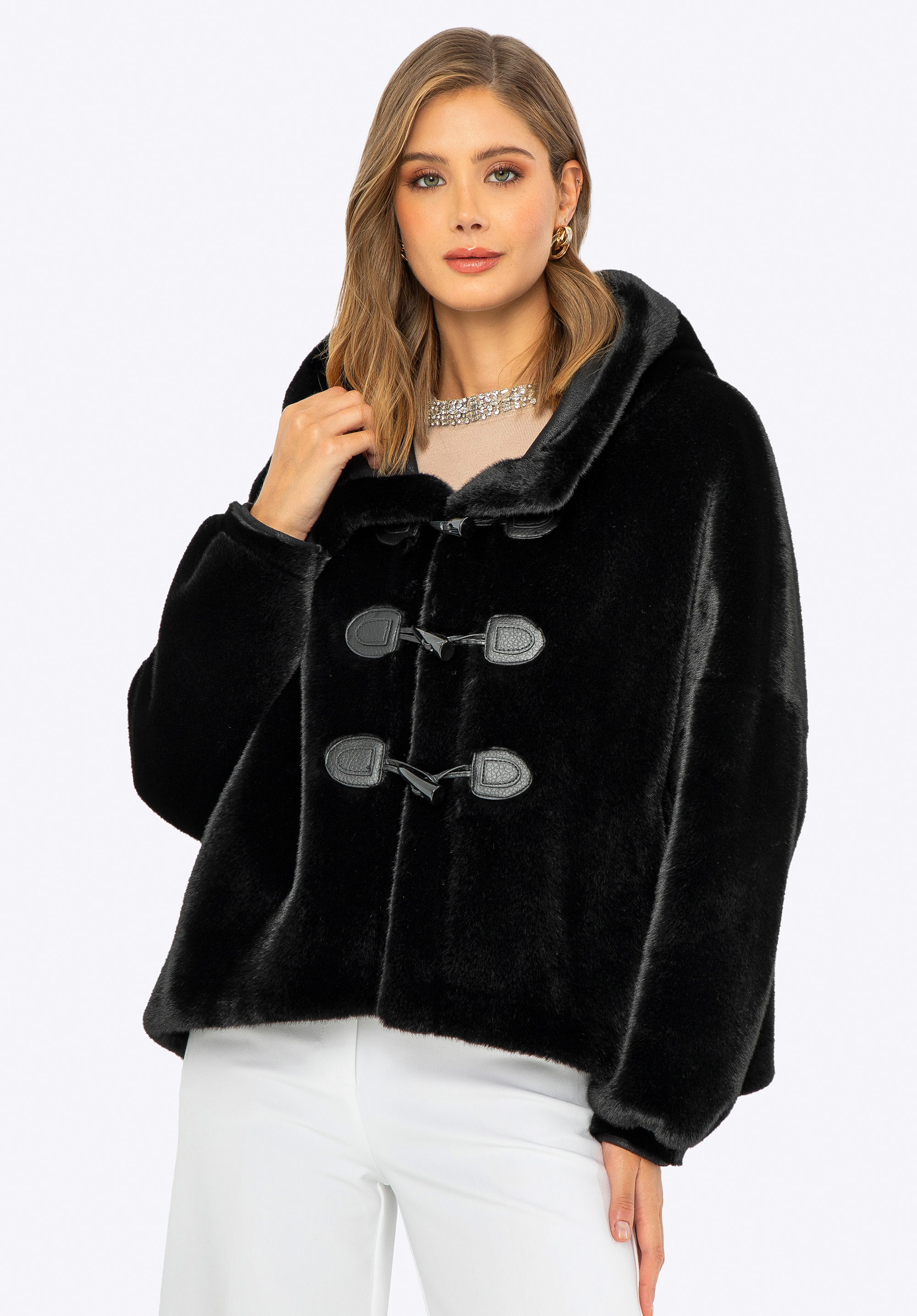 Damen Kunstpelzjacke mit Kordelzug, schwarz, 99-9W-004-1-XL, Bild 1